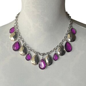 Statement Silver-Tone & Purple Teardrop Bib Necklace